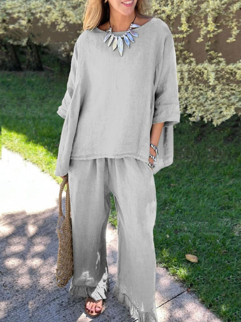 Cotton and linen suit women's solid color loose casual trousers two-piece set m303019