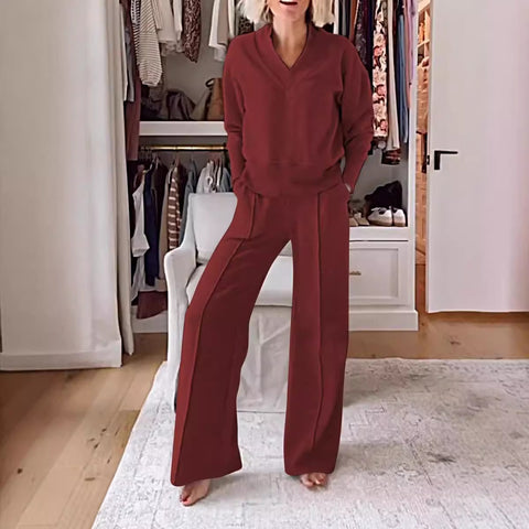 V-neck long-sleeved loose top wide-leg pants two-piece set m301327