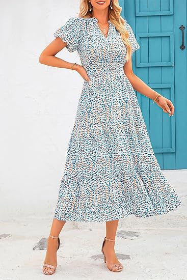 V-neck bubble pleated printed short sleeved dress m300104