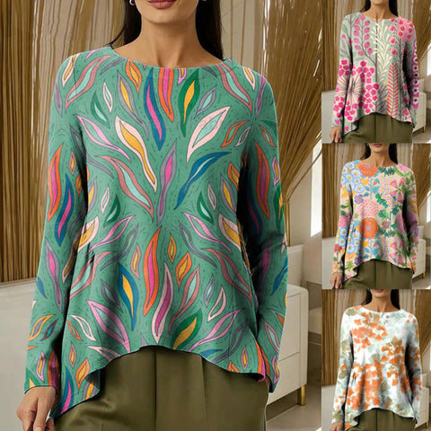 Women's Crew Neck Digital Print Long Sleeve Shrink Fold T-Shirt m302465