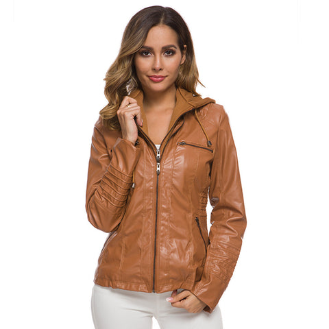 Hooded leather jacket two-piece set removable large size leather jacket women's spring and autumn coat women's PU washed m301828