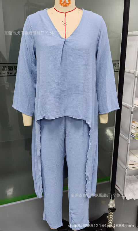 Women's summer pocket V-neck 2-piece set solid color loose women's clothing m301501