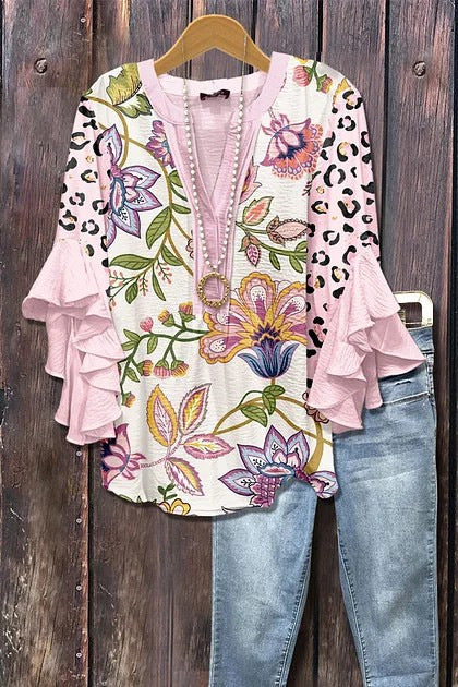 Digital printing casual trend V-neck lotus edge T-shirt women's m302725-2
