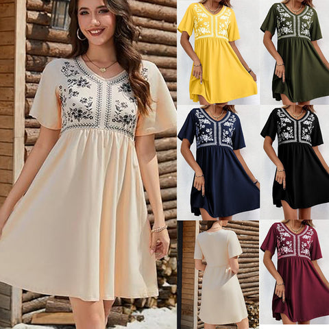 Casual loose V-neck print waist short-sleeved women's dress m302347