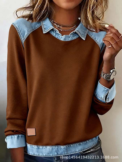 Denim collar long sleeves, pullover spliced knitted sweater top m302161