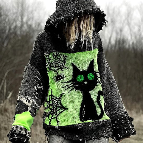 Autumn and winter loose hooded top casual shoulder retro women's printed sweater m302036