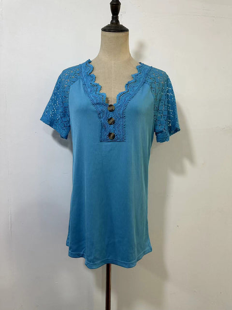 Comfort and Casual Lace Short Sleeve Stitching V-neck Pullover M300159