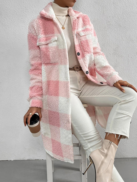 Open-button lapel plush plaid jacket loose temperament commuter long coat women m300360