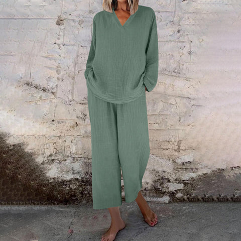 Casual V-neck pullover long sleeve plus pocket trousers cotton multi-color women's suit m301441