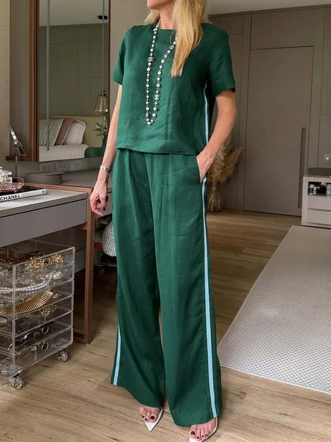 Crew neck pullover new trousers cotton and linen multi-color women's suit m302722