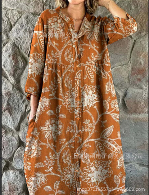 Women's Loose Crew Neck Fashion Premium Long Sleeve Printed Shirt Dress m301050