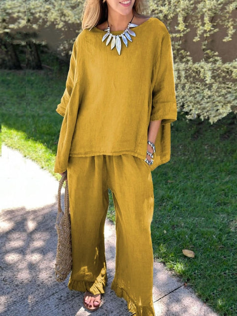 Cotton and linen suit women's solid color loose casual trousers two-piece set m303019