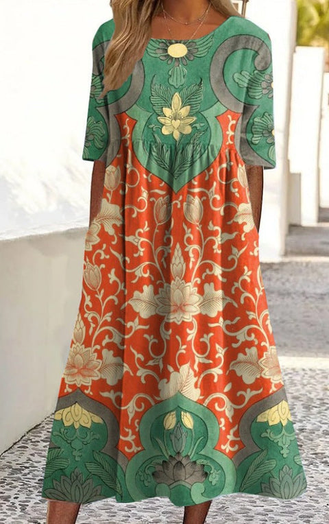 Up and down splicing pocket size printing large wide dress m302623