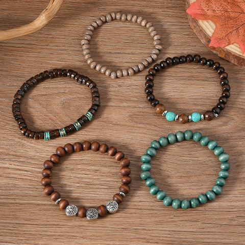 Retro wind zinc alloy life tree hand-woven wooden beads beaded multi-layer five-piece bracelet m3331272