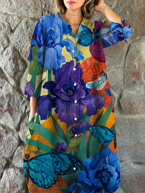 Women's Loose Crew Neck Fashion Premium Long Sleeve Printed Shirt Dress m301050