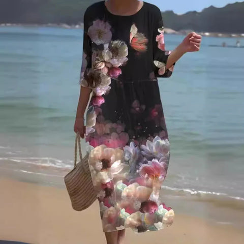Loose crew neck fashion high-end long-sleeved printed dress m301053