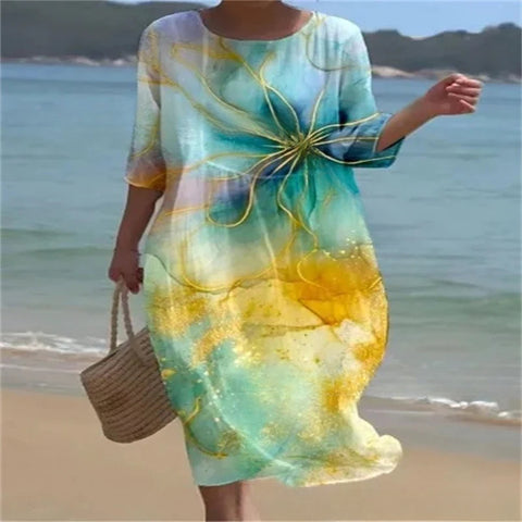 Loose Crew Neck Fashion Premium Long Sleeve Printed Dress m301045