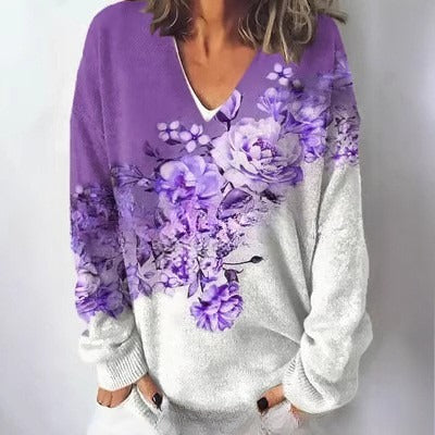 Autumn and winter imitation sweater printing foreign trade new women's pullover V-neck casual fashion long-sleeved top m302113