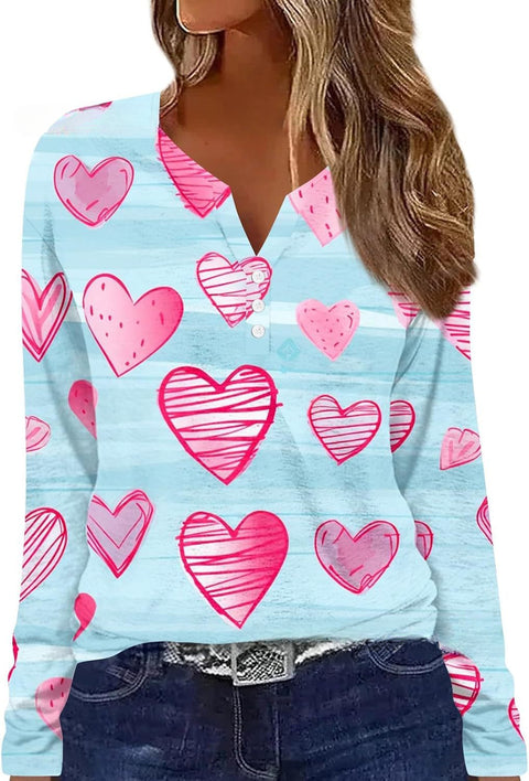 Printed V-neck V-neck three-button long-sleeved T-shirt m300618