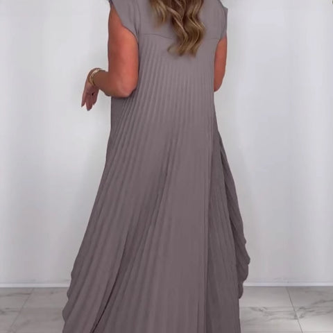 Crew neck solid color sleeve top pleated straight pants set two-piece set m301509