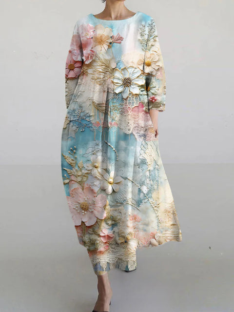 Women's loose crew neck fashion high-end long-sleeved printed dress m301049