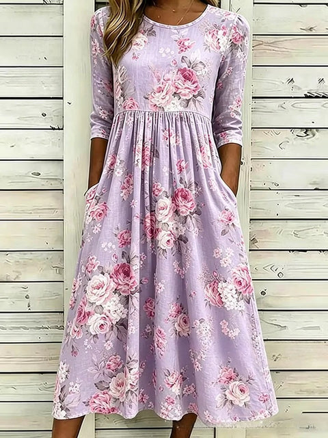 3D printed floral element women's crew neck pocket dress m303029