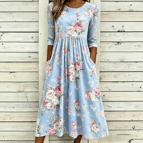 3D printed floral element women's crew neck pocket dress m303029
