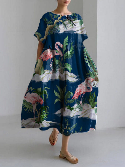 Women's loose crew neck fashion high-end short-sleeved printed dress m301052