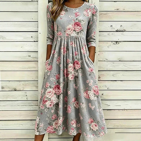 3D printed floral element women's crew neck pocket dress m303029