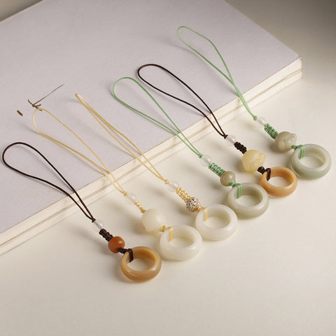 White jade Bodhi root running ring mobile phone chain hand-woven cute Dongling jade keychain pendant m3331261