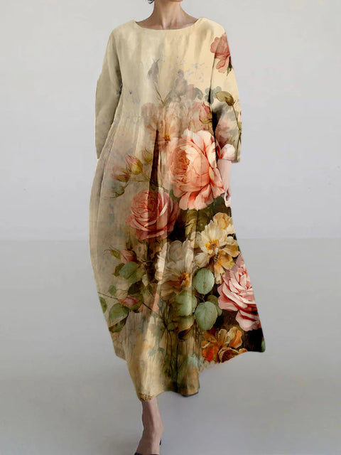 Women's loose crew neck fashion high-end long-sleeved printed dress m301049