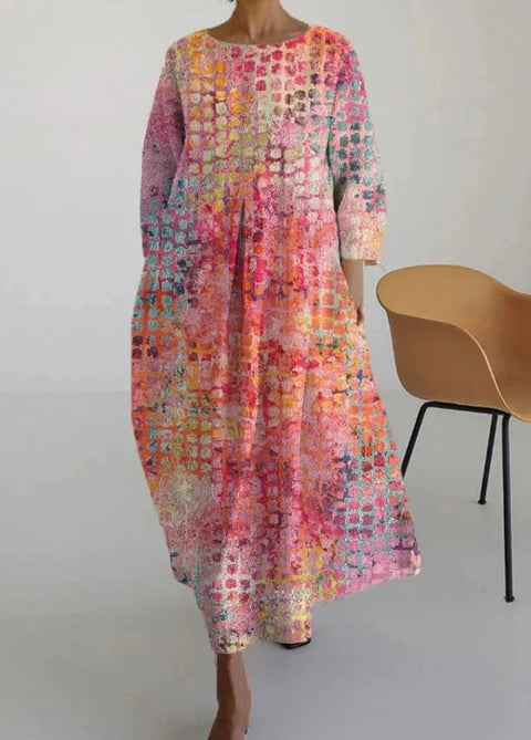 Women's loose crew neck fashion high-end long-sleeved printed dress m301049