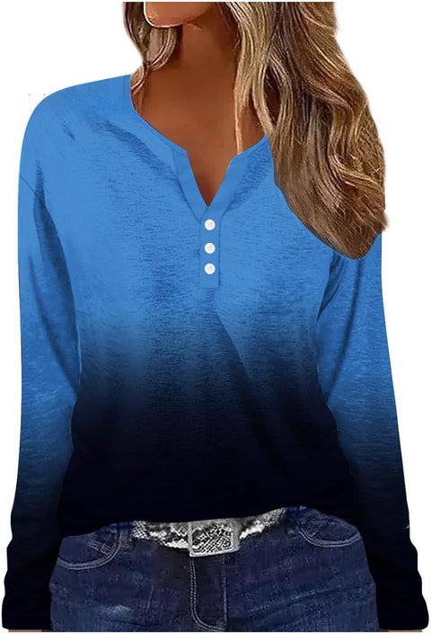 Printed V-neck V-neck three-button long-sleeved T-shirt m300618