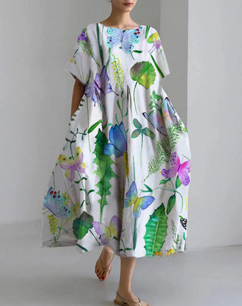 Women's loose crew neck fashion high-end short-sleeved printed dress m301052