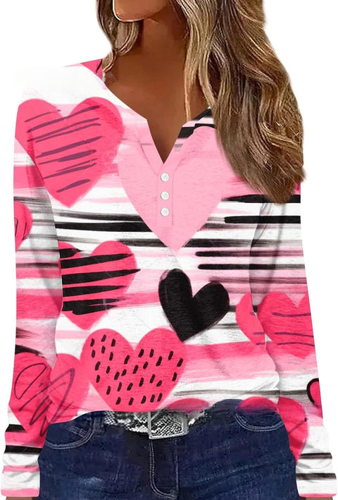 Printed V-neck V-neck three-button long-sleeved T-shirt m300618