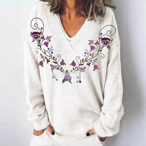 Autumn and winter imitation sweater printing foreign trade new women's pullover V-neck casual fashion long-sleeved top m302113