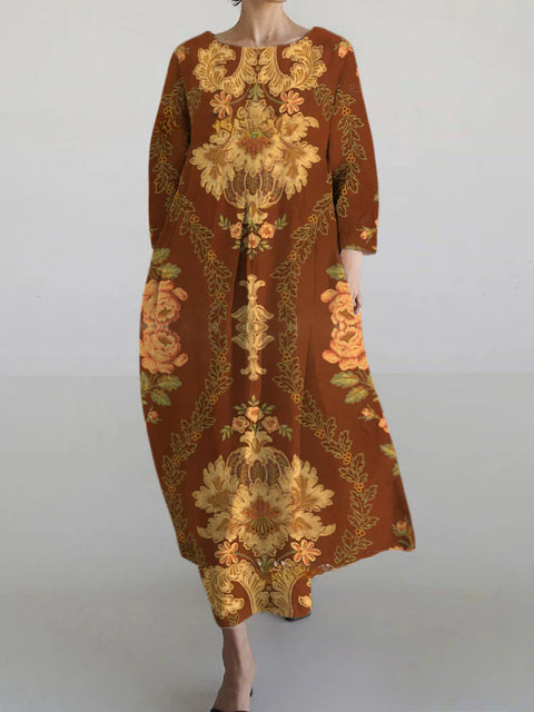 Women's loose crew neck fashion high-end long-sleeved printed dress m301049