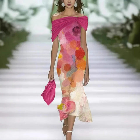 Floral element shading 3D digital printing temperament elegant slanted shoulder dress m302468