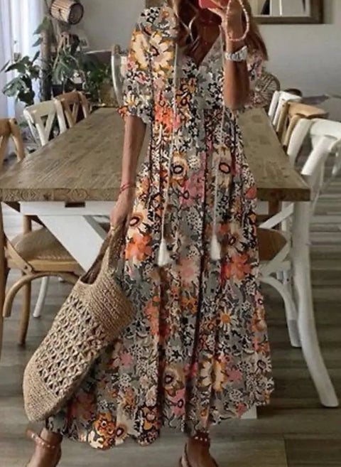 Floral V Neckline Half Sleeve Midi A line Dress m161507354 (5826854)