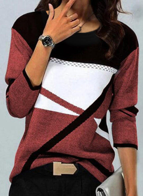 Color Block Round Neckline Long Sleeve Blouses m161511661 (5828973)