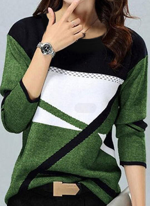 Color Block Round Neckline Long Sleeve Blouses m161511661 (5828973)